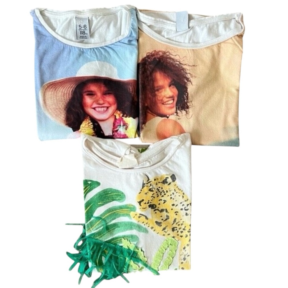 Zara Kids Bundle 3 Graphic T-Shirts Girls 5-6 Leopard Fringe Tropical Portrait - Picture 1 of 7